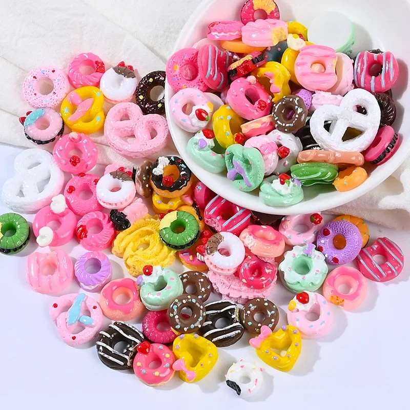 10pcs Biscuit Donuts Candy Cake Flat Back Resin Charms Cabochons Mini Figurine Dollhouse Miniature Crafts Hair Accessories Girl