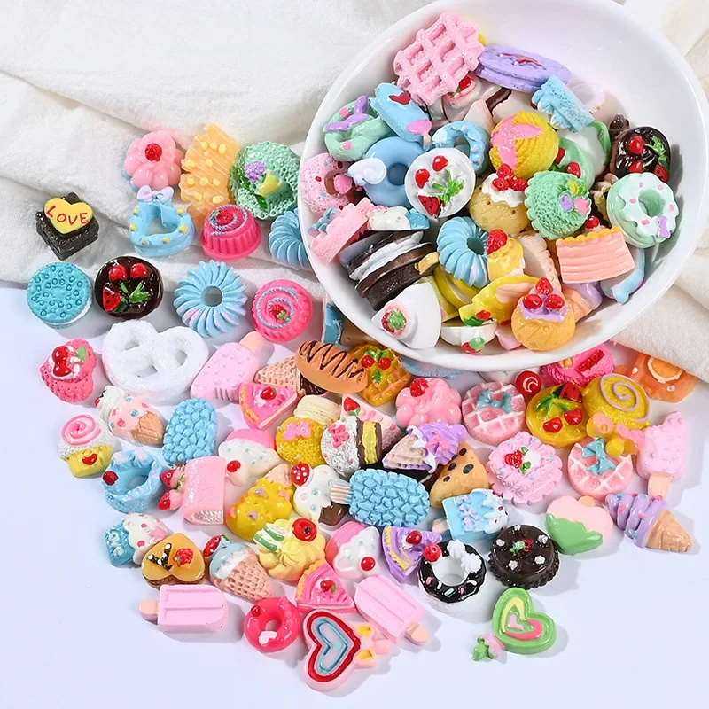 10pcs Biscuit Donuts Candy Cake Flat Back Resin Charms Cabochons Mini Figurine Dollhouse Miniature Crafts Hair Accessories Girl