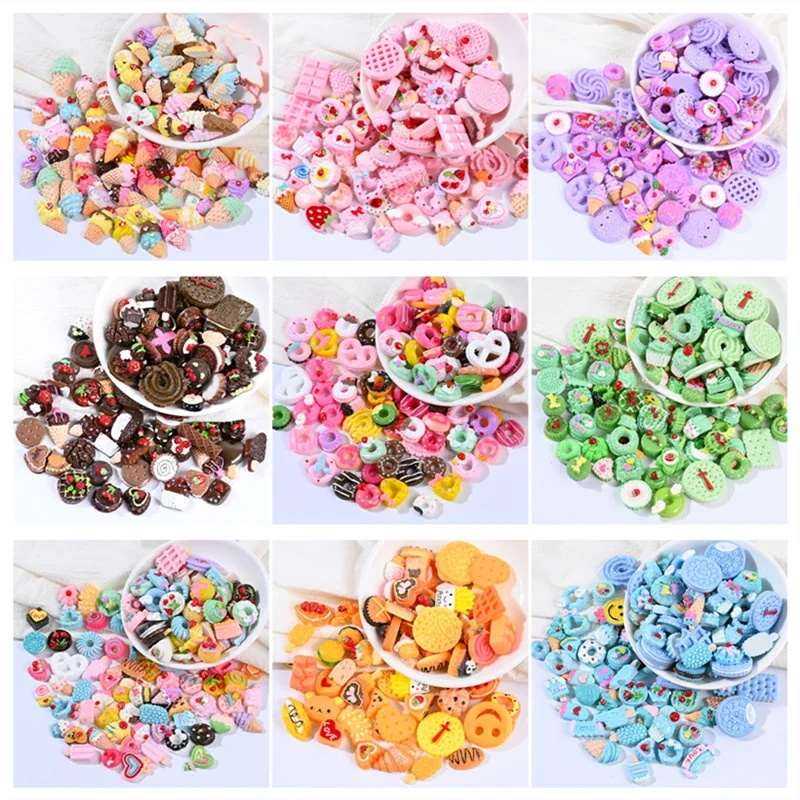 10pcs Biscuit Donuts Candy Cake Flat Back Resin Charms Cabochons Mini Figurine Dollhouse Miniature Crafts Hair Accessories Girl